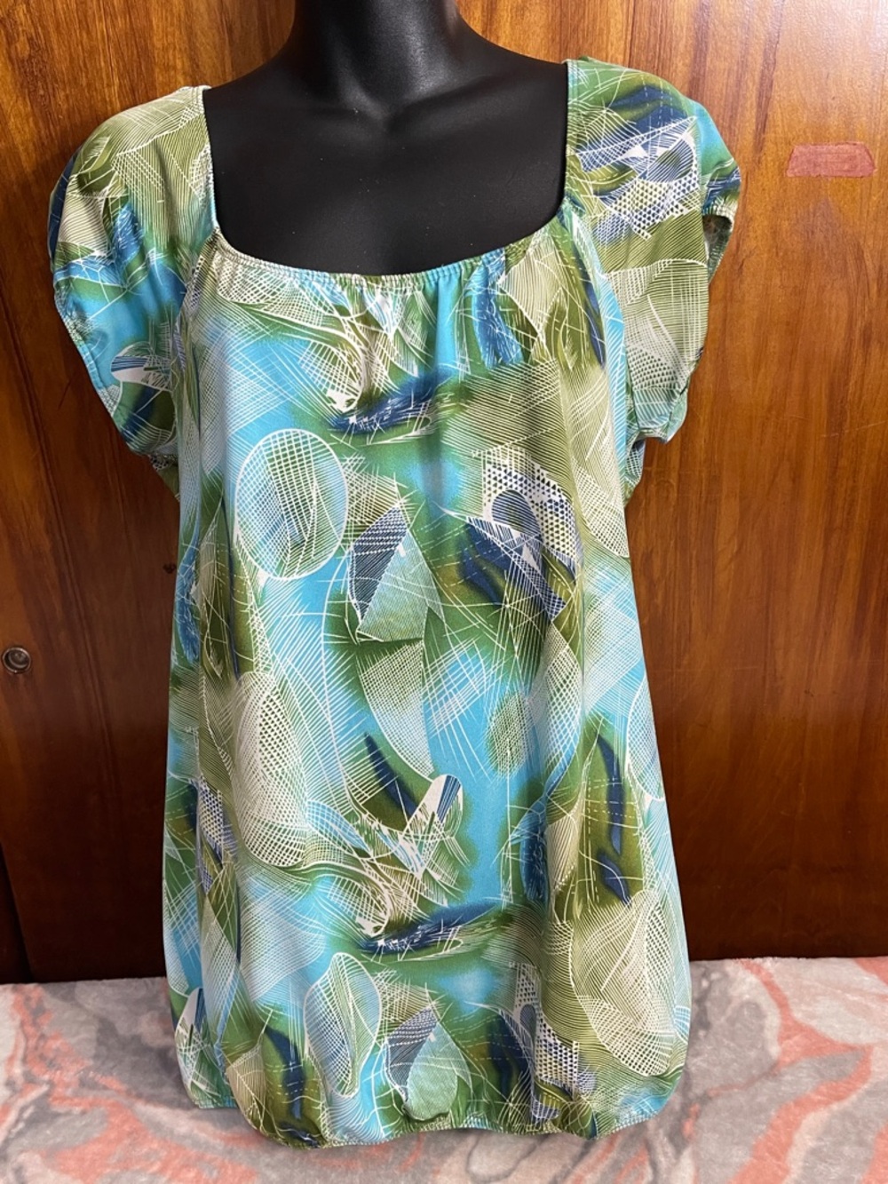 Sixteen Blue and Green Abstract Scoop Neck Blouse